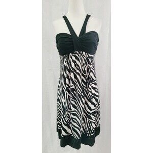 BISOU BISOU Halter A-line Dress Sleeveless Black & White Zebra Animal Size M